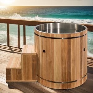 Round-Wooden-Outdoor-Water-Ice-Pail-for-Soaking-Ice-Bath-SPA-Sauna-Recovery-Cold-Plunge-Chiller-Machine