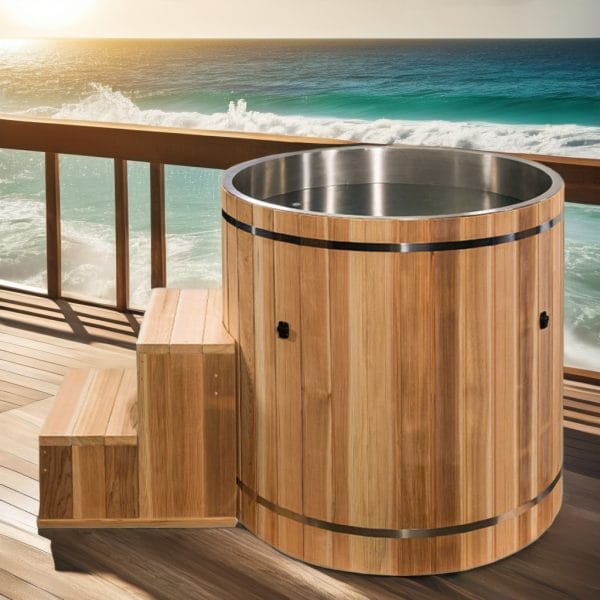 Round-Wooden-Outdoor-Water-Ice-Pail-for-Soaking-Ice-Bath-SPA-Sauna-Recovery-Cold-Plunge-Chiller-Machine